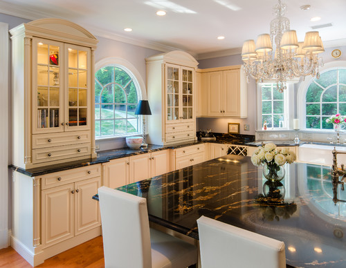 Black Granite Countertop Black Countertop Dark Wood Floor White Shaker Cabinets Kitchen With White Cabinets Ceramic Backsplash